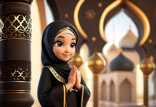 personnage 3d fille hijab musulmane sourire mignon à la mosquée