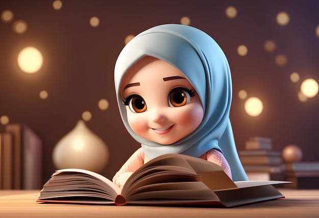 Personnage 3D hijab musulman fille sourire mignon lire livre