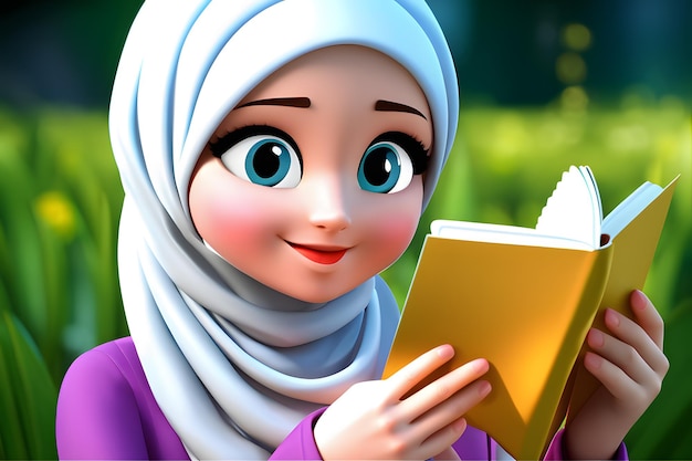 Personnage 3D hijab musulman fille sourire mignon lire livre