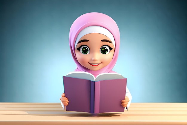 Personnage 3D hijab musulman fille sourire mignon lire livre