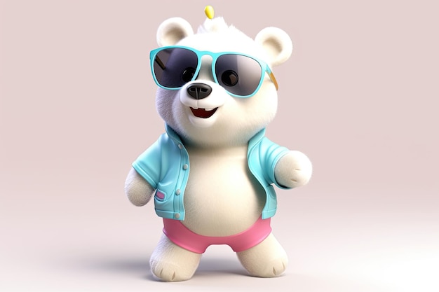 Un personnage 3D joyeux et cool d'un ours avec tout le corps portant des vêtements et des lunettes de soleil sur un arrière-plan AI générative