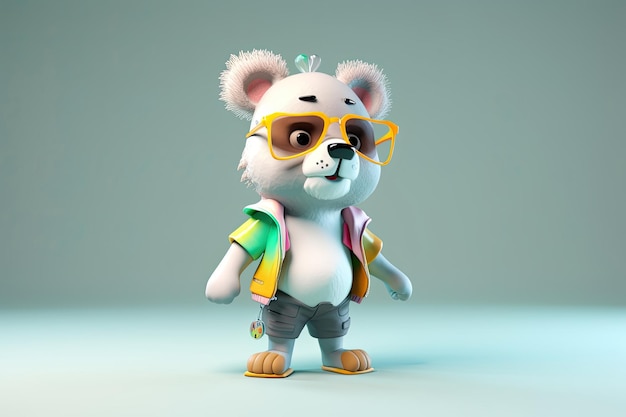 Un personnage 3D joyeux et cool d'un ours avec tout le corps portant des vêtements et des lunettes de soleil sur un arrière-plan AI générative