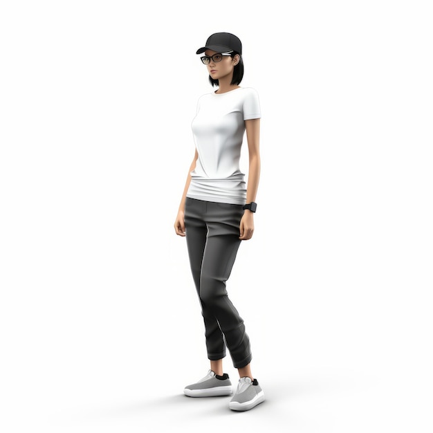 Personnage 3D minimaliste féminin en T-shirt noir et baskets blanches