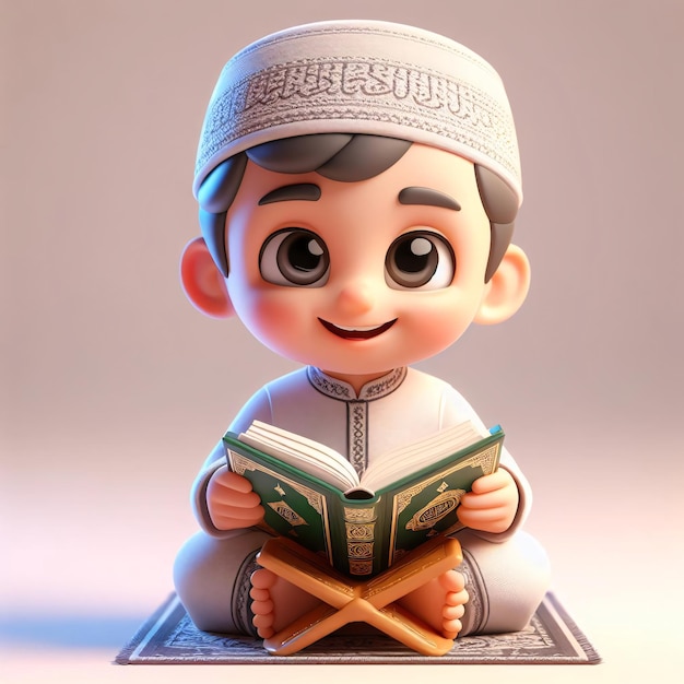 Un personnage 3D souriant en tenue islamique aime lire le Coran