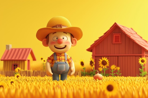 Un personnage d'agriculteur animé joyeux dans un champ de tournesol jaune vibrant avec une grange rouge en arrière-plan
