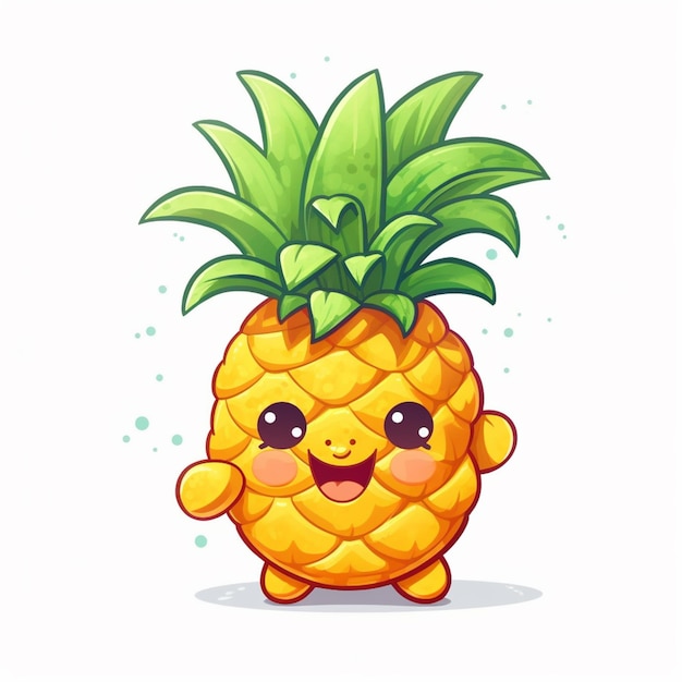 Personnage d'ananas de dessin animé avec un visage heureux et des feuilles vertes