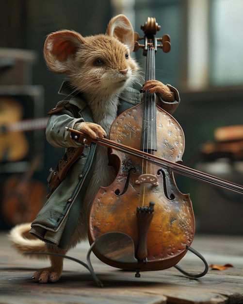 un personnage animal 3D capricieux jouant d'un instrument de musique à l'envers