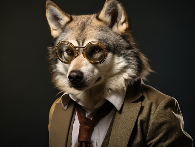 Photo personnage d'animal anthropomorphe mignon vêtu de loup avec des lunettes fond vide