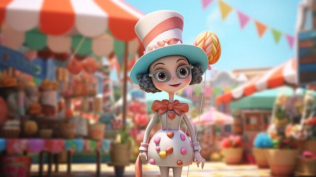 Personnage animé 3D d'un clown joyeux avec une tenue et un chapeau colorés