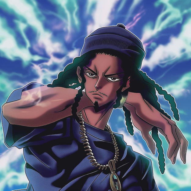 Photo personnage d'anime avec des dreadlocks et une chemise bleue et un chapeau