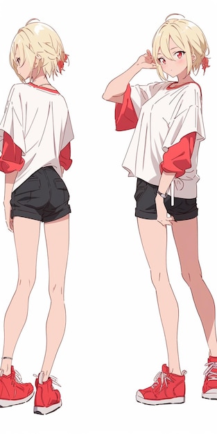 personnage d'anime d'une femme en short court et une chemise blanche