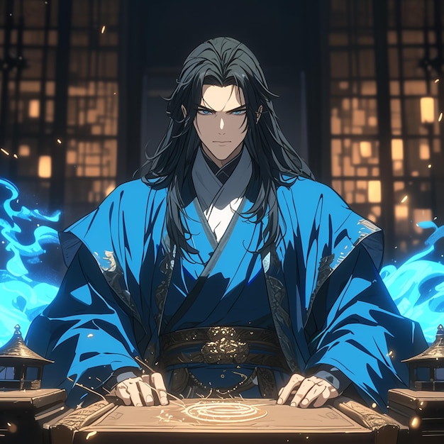 Photo personnage d'anime en robe bleue assis à une table avec une flamme bleue brillante