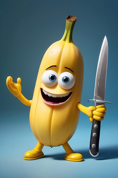 Un personnage de banane en forme d'humain qui porte un couteau dans les deux mains