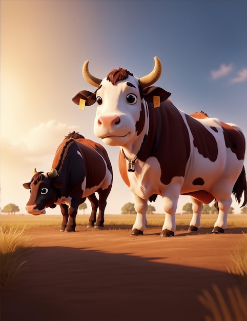 Personnage de bétail 3D dans le style anime avec effet d'éclairage