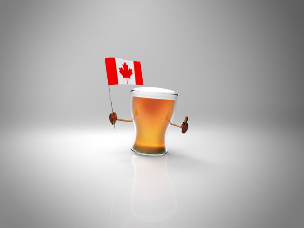 Personnage de bière illustré amusant tenant le drapeau du Canada