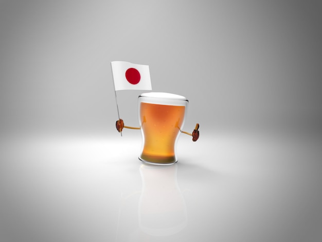 Personnage de bière illustré amusant tenant le drapeau du Japon