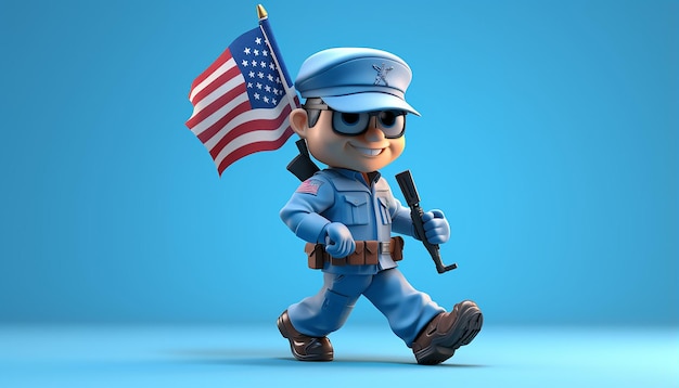 personnage de caricature de soldat américain avec un œil large avec une pose de marche du drapeau américain avec du bleu clair