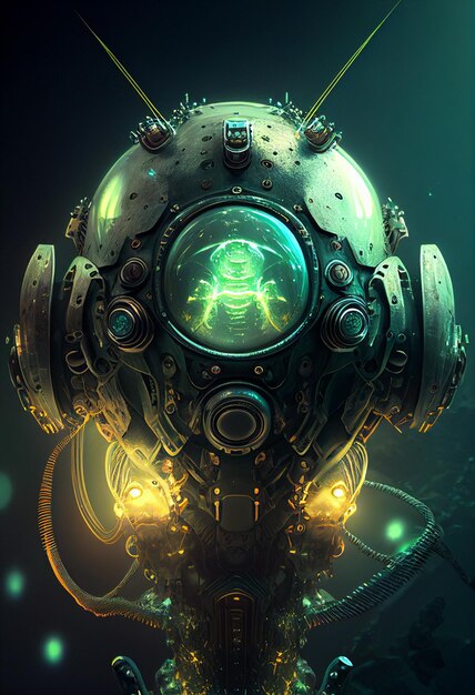 Un personnage avec un casque vert et bleu et un panneau vert qui dit "steampunk"