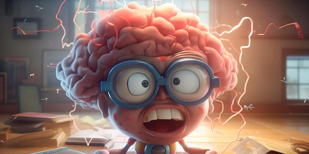 Photo personnage de cerveau de dessin animé avec des lunettes et une expression ringard entouré de synapses électriques et de bulles de pensée ai générative