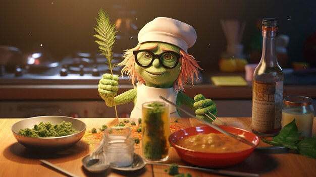 Un personnage de chef animé avec des lunettes et un chapeau cuisinant heureusement dans une cuisine