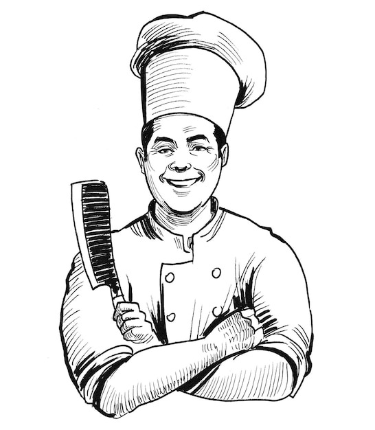 Personnage de chef de restaurant. Dessin noir et blanc à l'encre