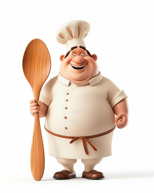 Un personnage de chef tenant une cuillère en bois 3D