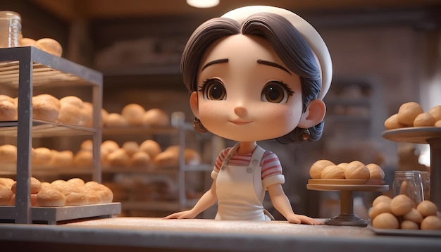 Un personnage chibi en 3D une fille vendant du pain dans la boulangerie