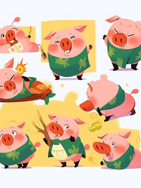 Le personnage de cochon de dessin animé pose avec diverses expressions et expressions ai générative