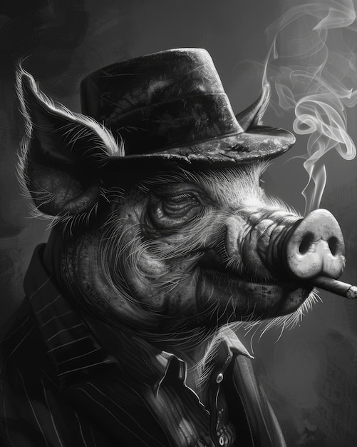 Personnage de cochon fumant avec un cigare et un chapeau de haut de gamme dans le style rétro