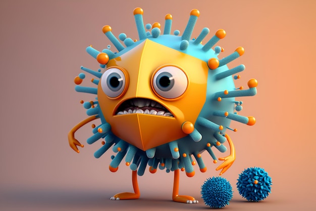 Un personnage de coronavirus de dessin animé avec un coronavirus bleu sur son visage.