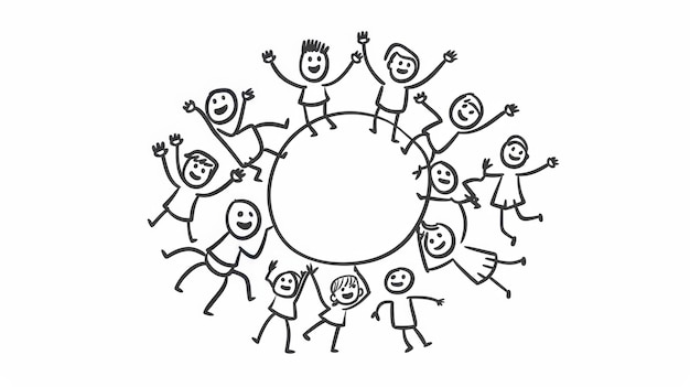 Photo un personnage dans un cadre circulaire avec des amis qui applaudissent et se battent des illustrations modernes de style contour dessinées à la main avec de mignonnes formes de personnages
