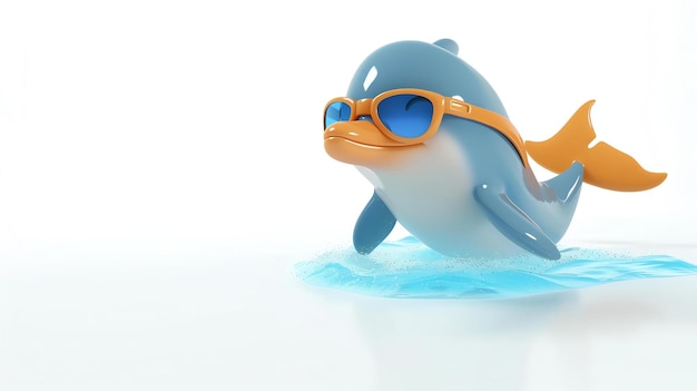 Photo personnage de dauphin de dessin animé mignon et drôle avec des lunettes de soleil rendu 3d