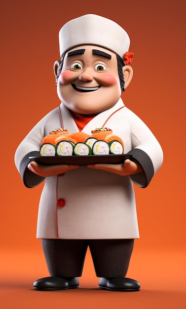 Personnage de dessin animé 3D d'un chef sushi