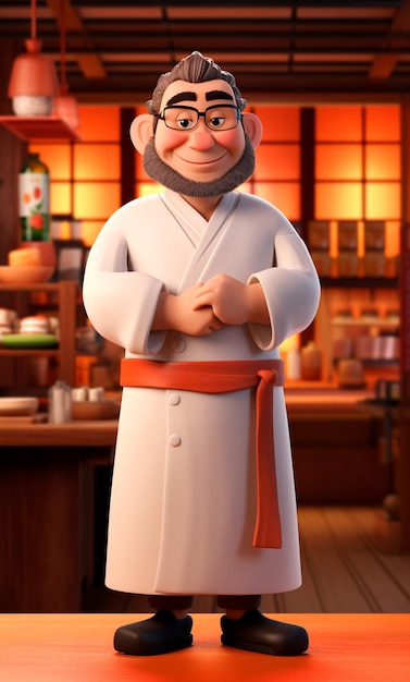 Personnage de dessin animé 3D d'un chef sushi