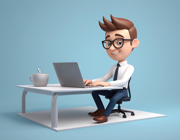 Personnage de dessin animé en 3D homme d'affaires portant des lunettes travaillant sur un ordinateur de bureau