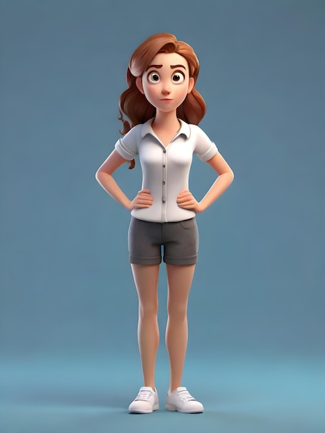 Personnage de dessin animé 3D jeune femme ne comprend pas le geste pose plein corps sur fond complet