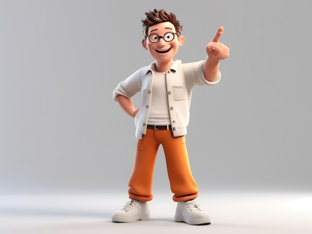 Personnage de dessin animé 3D Matthew pointant avec un pantalon fond blanc