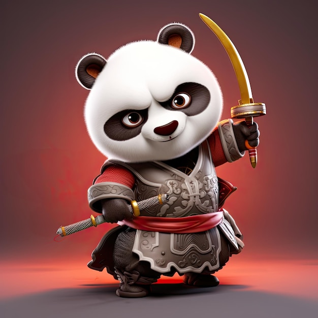Un personnage de dessin animé 3D mignon, un panda samouraï heureux