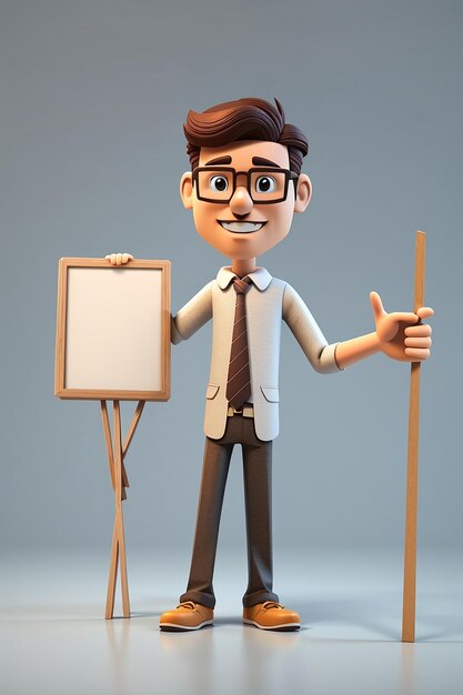Un personnage de dessin animé en 3D tenant un bâton et pointant vers un tableau vide