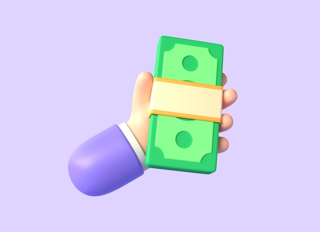 Personnage de dessin animé en 3D tenant un billet de banque sur fond violet économiser de l'argent paiement en ligne et concept de paiement illustration de rendu 3D