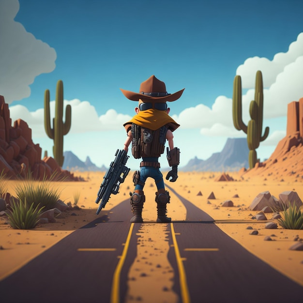 Un personnage de dessin animé 4k se tient au milieu d'une route déserte, son arme tenue fermement dans une détermination