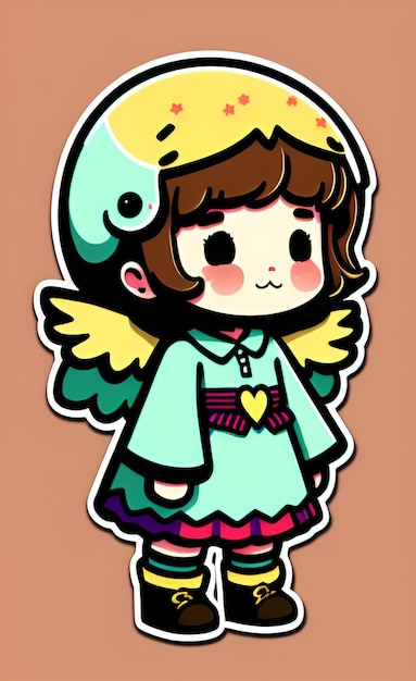 Un personnage de dessin animé avec des ailes et un coeur jaune sur la tête.