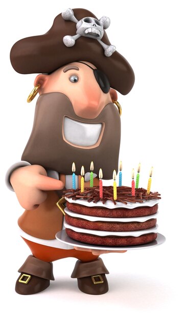 Photo personnage de dessin animé amusant pirate avec un gâteau d'anniversaire