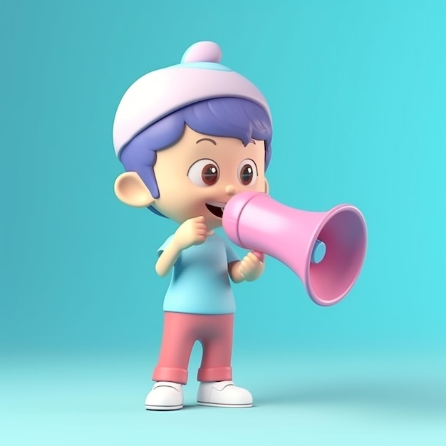 Un personnage de dessin animé aux cheveux bleus et aux cheveux roses parle dans un mégaphone rose.