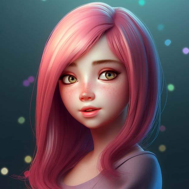 Un personnage de dessin animé aux cheveux roses et aux yeux verts regarde la caméra.