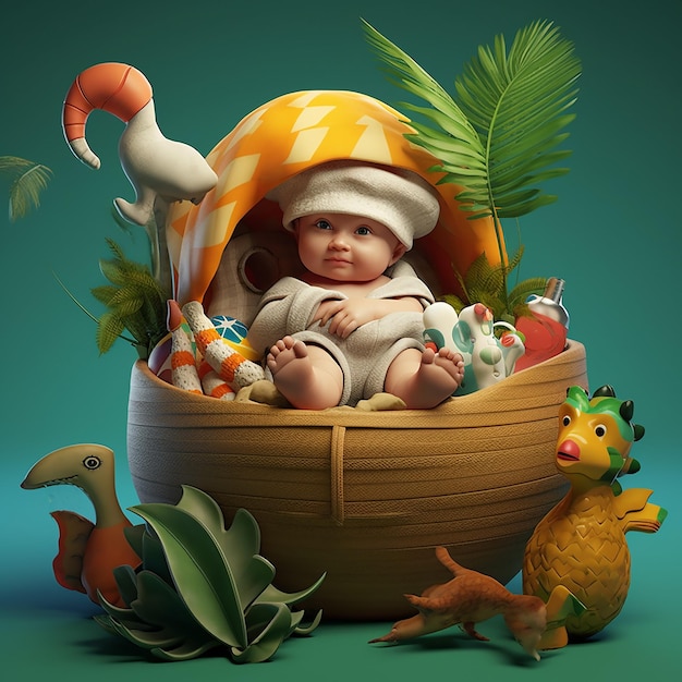 Un personnage de dessin animé avec un bébé dans un panier avec des œufs et une poule dessus.