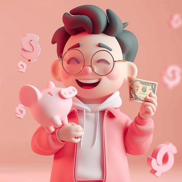 un personnage de dessin animé avec un billet d'un dollar à la main