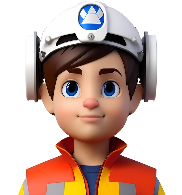 Un personnage de dessin animé avec un casque blanc et un logo bleu dessus.
