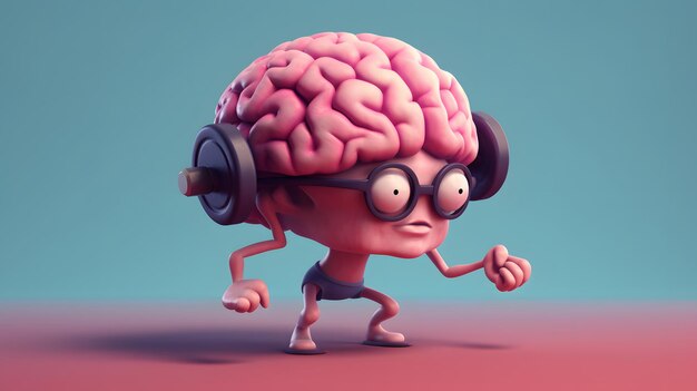 Photo personnage de dessin animé de cerveau mignon isolé faisant des exercices