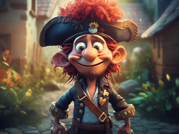 Un personnage de dessin animé avec un chapeau de pirate et un chapeau se dresse dans une rue.